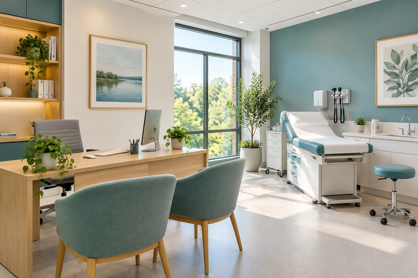 Světlá konzultační místnost kliniky