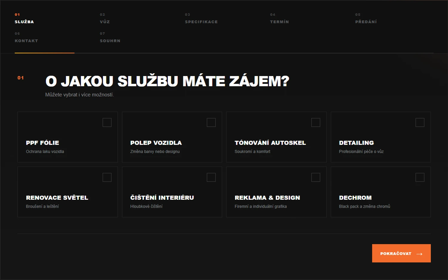 V&yacute;běr služby &mdash; uk&aacute;zka formul&aacute;ře Wrap Studia