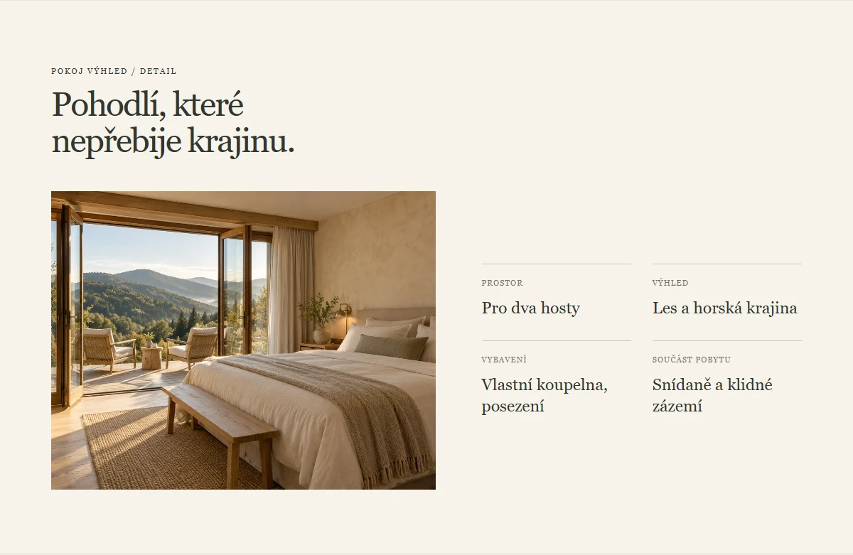 Konkr&eacute;tn&iacute; pokoj s fotografi&iacute; a vybaven&iacute;m na hotelov&eacute;m webu